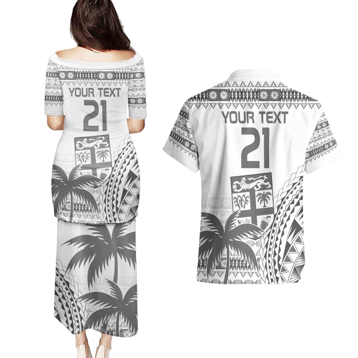 Custom Fiji Rugby Couples Matching Puletasi and Hawaiian Shirt Polynesian Fijian Masi Palm Tree