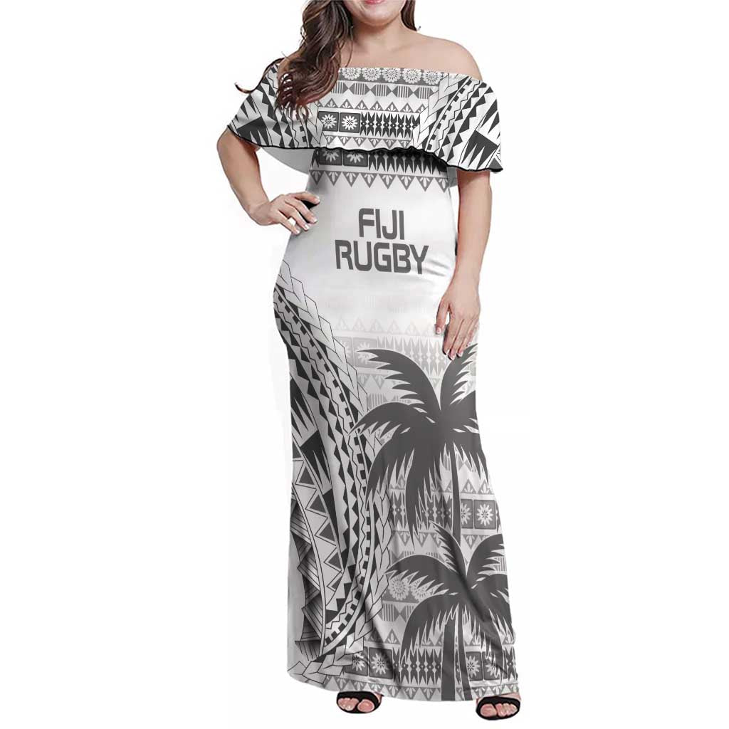 Custom Fiji Rugby Family Matching Off Shoulder Maxi Dress and Hawaiian Shirt Polynesian Fijian Masi Palm Tree