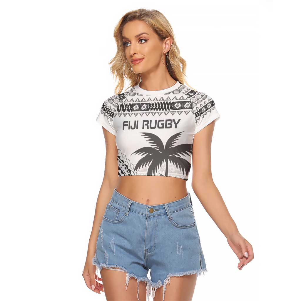 Custom Fiji Rugby Raglan Cropped T Shirt Polynesian Fijian Masi Palm Tree