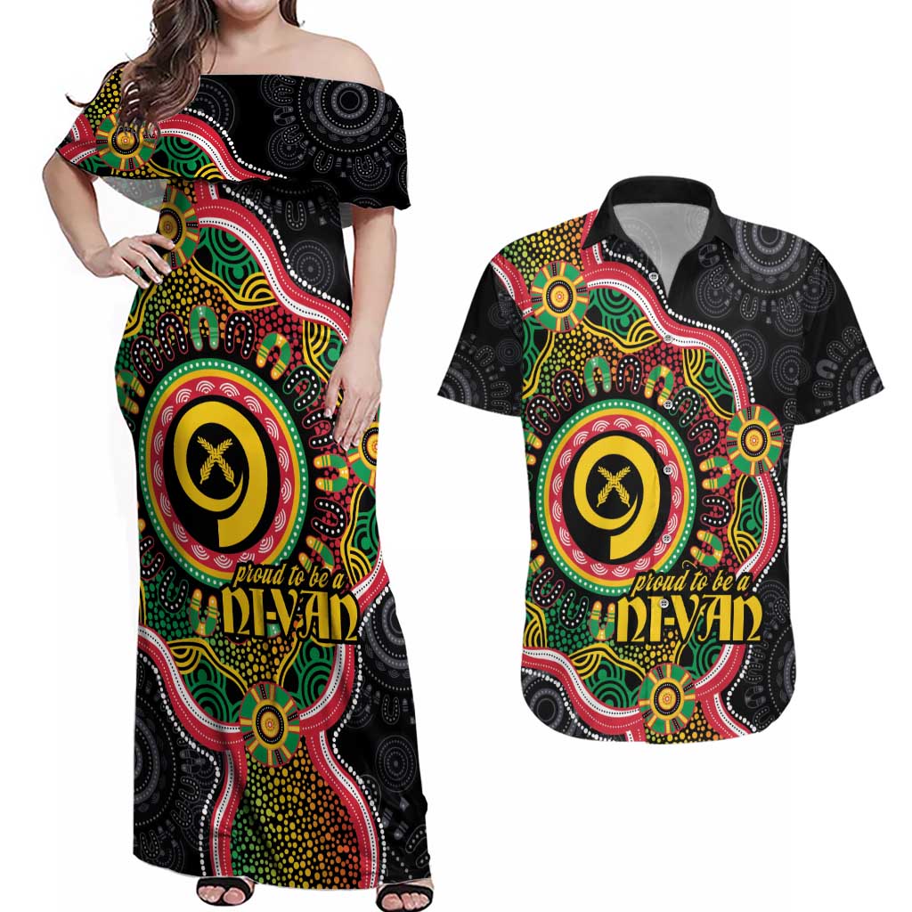 Vanuatu Personalised Couples Matching Off Shoulder Maxi Dress and Hawaiian Shirt Aboriginal Dot Paitnting - Polynesian Pride