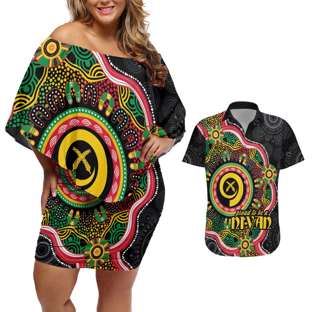 Vanuatu Personalised Couples Matching Off Shoulder Short Dress and Hawaiian Shirt Aboriginal Dot Paitnting - Polynesian Pride