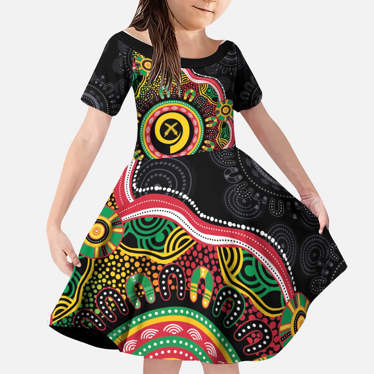 Vanuatu Personalised Kid Short Sleeve Dress Aboriginal Dot Paitnting LT9 KID Black - Polynesian Pride