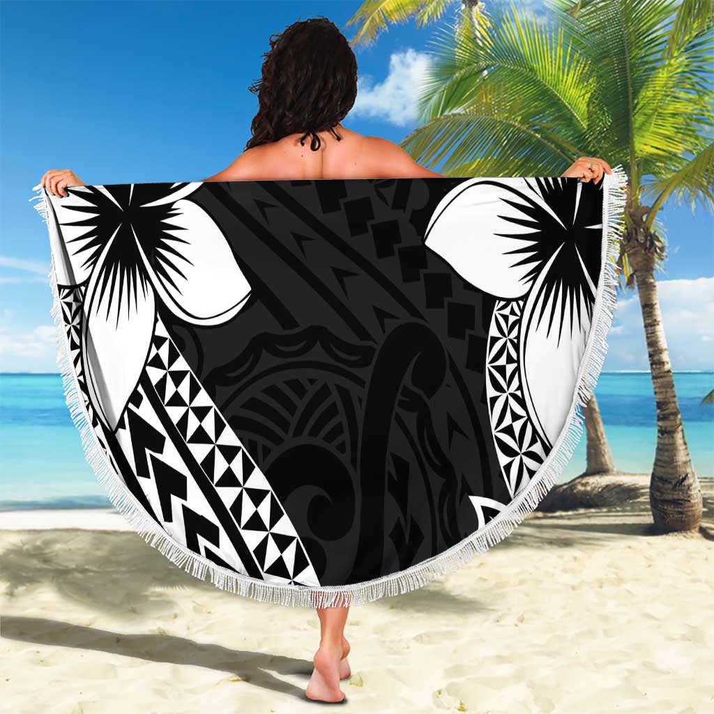Lotu Tamaiti White Sunday Beach Blanket Pacific Plumeria Flowers - Black Version