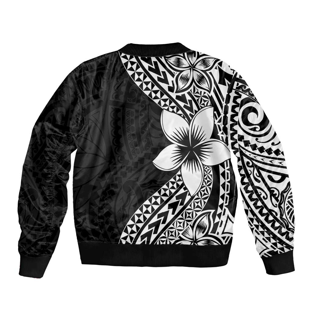 Lotu Tamaiti White Sunday Bomber Jacket Pacific Plumeria Flowers - Black Version
