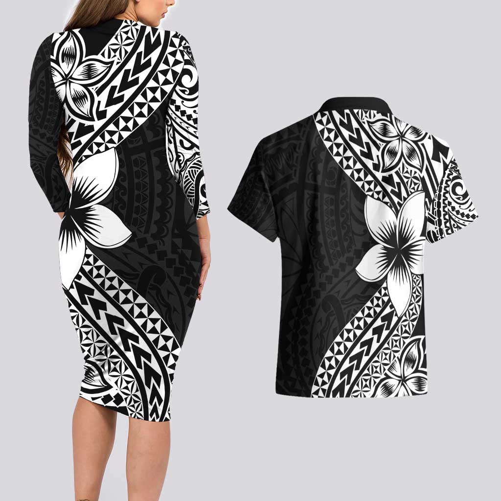 Lotu Tamaiti White Sunday Couples Matching Long Sleeve Bodycon Dress and Hawaiian Shirt Pacific Plumeria Flowers - Black Version