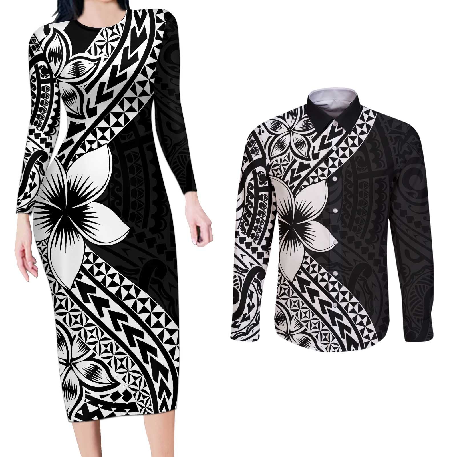 Lotu Tamaiti White Sunday Couples Matching Long Sleeve Bodycon Dress and Long Sleeve Button Shirt Pacific Plumeria Flowers - Black Version