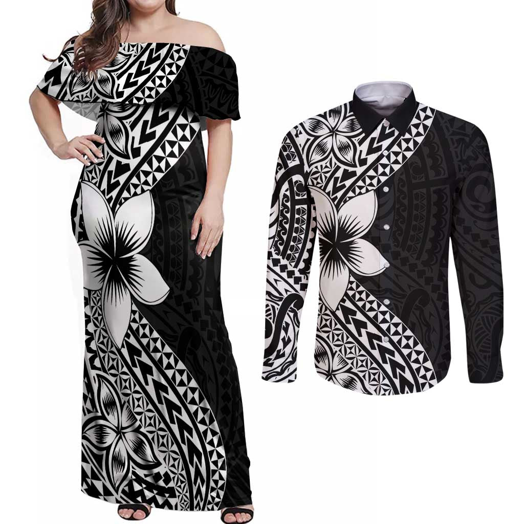 Lotu Tamaiti White Sunday Couples Matching Off Shoulder Maxi Dress and Long Sleeve Button Shirt Pacific Plumeria Flowers - Black Version