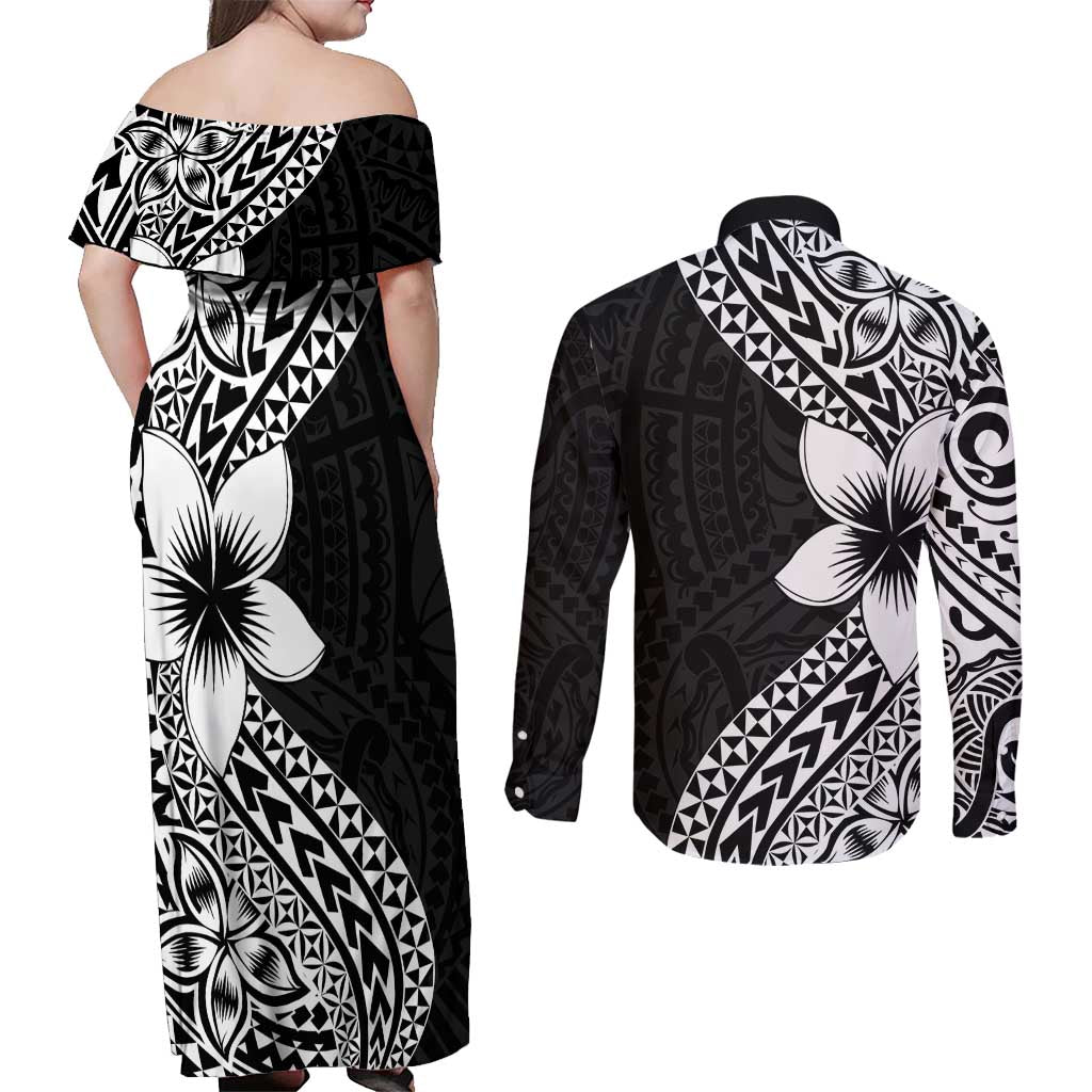Lotu Tamaiti White Sunday Couples Matching Off Shoulder Maxi Dress and Long Sleeve Button Shirt Pacific Plumeria Flowers - Black Version