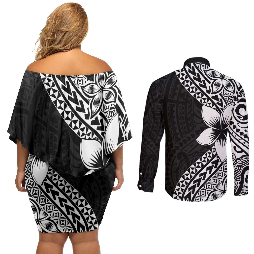 Lotu Tamaiti White Sunday Couples Matching Off Shoulder Short Dress and Long Sleeve Button Shirt Pacific Plumeria Flowers - Black Version