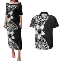 Lotu Tamaiti White Sunday Couples Matching Puletasi and Hawaiian Shirt Pacific Plumeria Flowers - Black Version