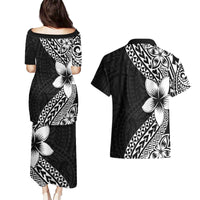 Lotu Tamaiti White Sunday Couples Matching Puletasi and Hawaiian Shirt Pacific Plumeria Flowers - Black Version