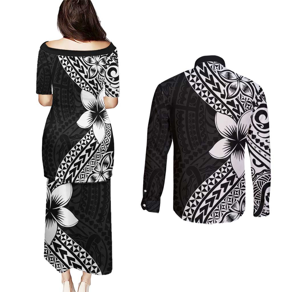 Lotu Tamaiti White Sunday Couples Matching Puletasi and Long Sleeve Button Shirt Pacific Plumeria Flowers - Black Version