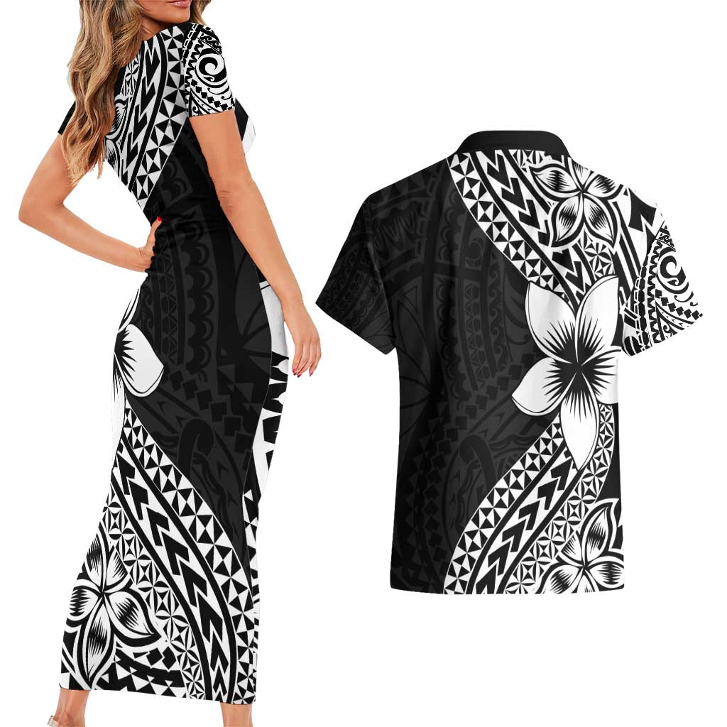Lotu Tamaiti White Sunday Couples Matching Short Sleeve Bodycon Dress and Hawaiian Shirt Pacific Plumeria Flowers - Black Version
