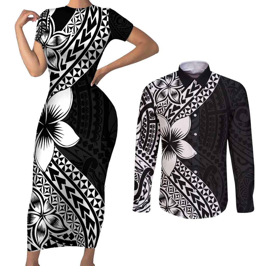 Lotu Tamaiti White Sunday Couples Matching Short Sleeve Bodycon Dress and Long Sleeve Button Shirt Pacific Plumeria Flowers - Black Version