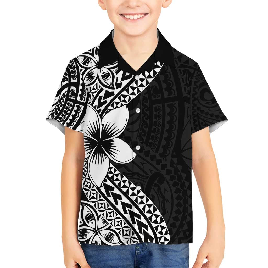 Lotu Tamaiti White Sunday Family Matching Long Sleeve Bodycon Dress and Hawaiian Shirt Pacific Plumeria Flowers - Black Version