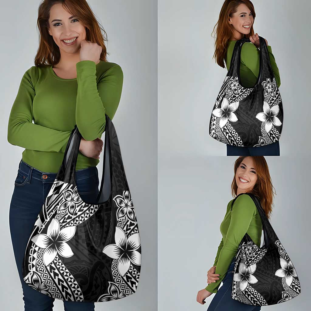 Lotu Tamaiti White Sunday Grocery Bag Pacific Plumeria Flowers - Black Version