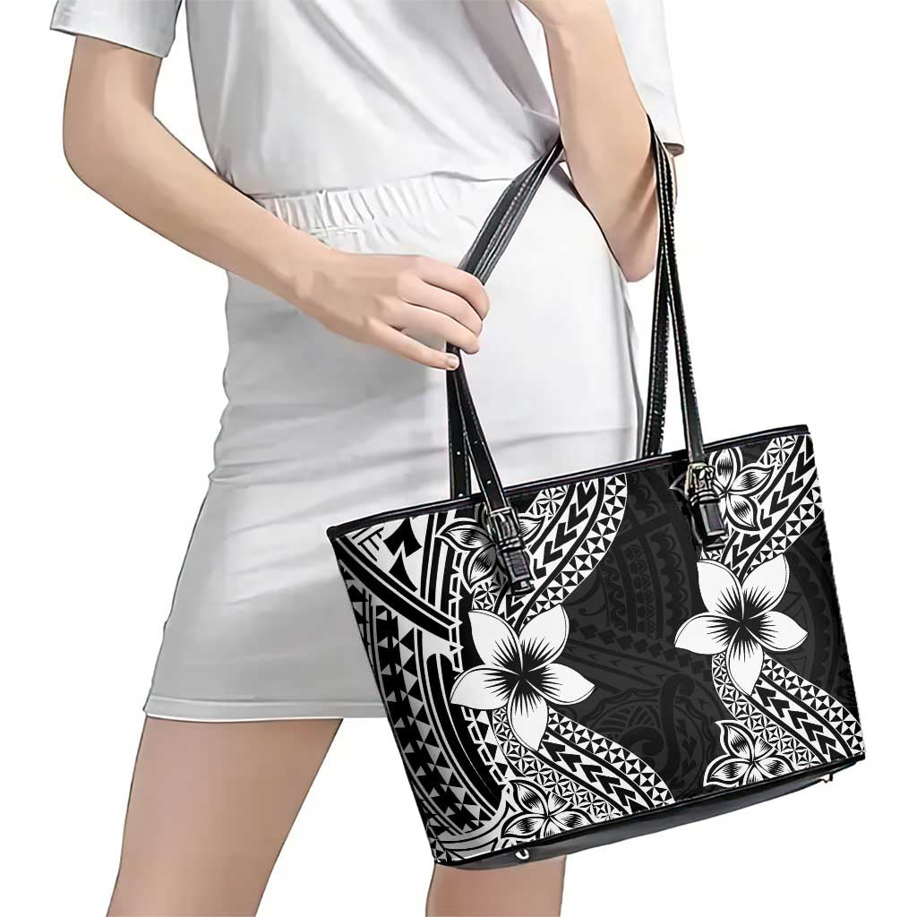 Lotu Tamaiti White Sunday Leather Tote Bag Pacific Plumeria Flowers - Black Version