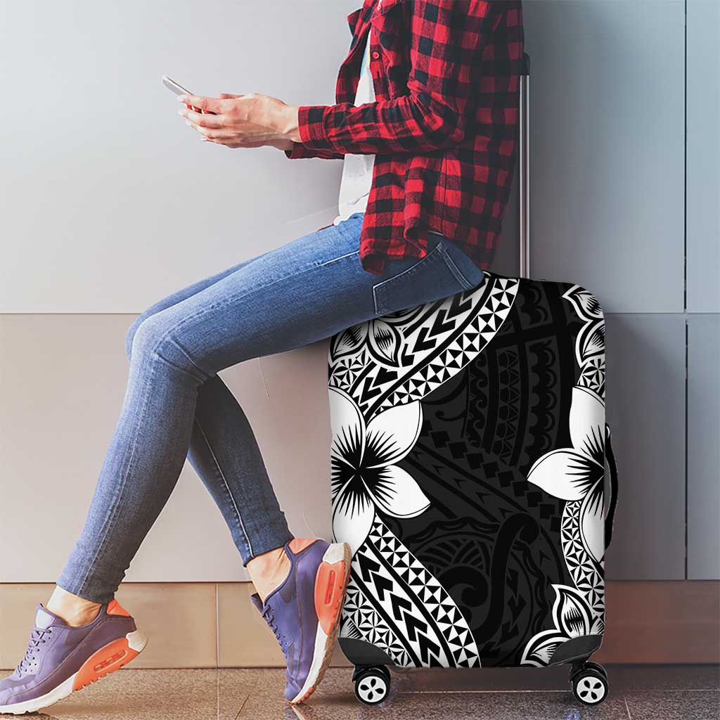 Lotu Tamaiti White Sunday Luggage Cover Pacific Plumeria Flowers - Black Version LT9 - Polynesian Pride
