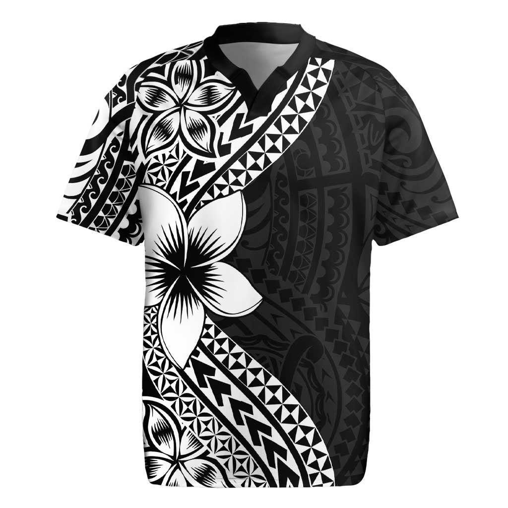 Lotu Tamaiti White Sunday Rugby Jersey Pacific Plumeria Flowers - Black Version