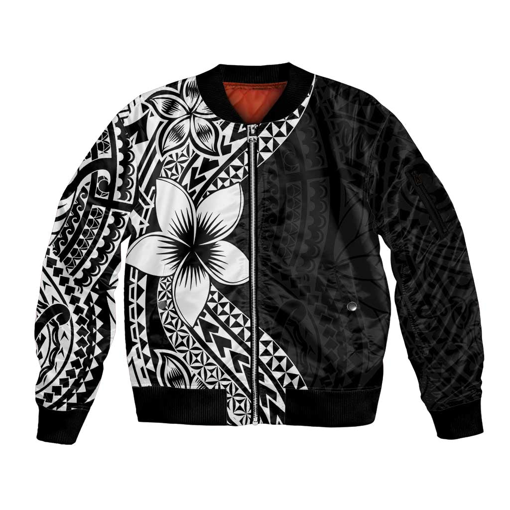 Lotu Tamaiti White Sunday Sleeve Zip Bomber Jacket Pacific Plumeria Flowers - Black Version