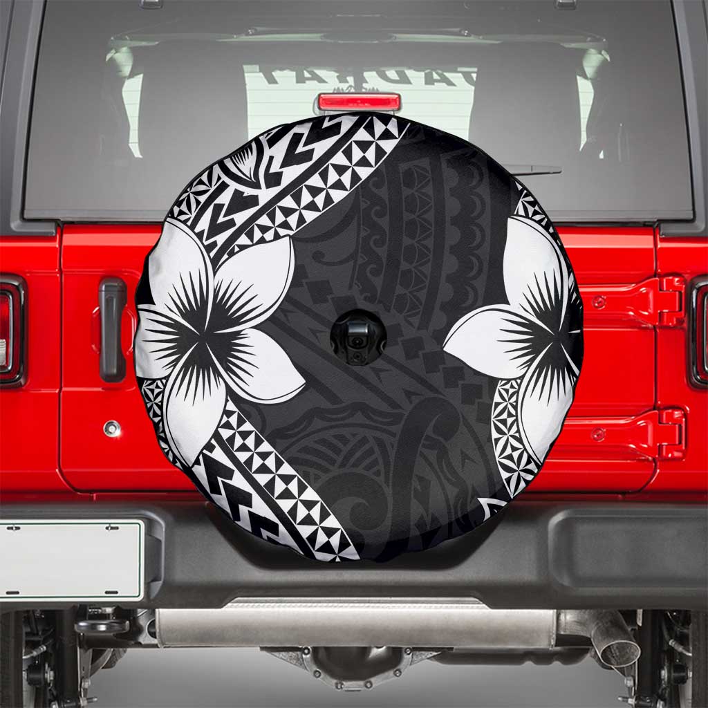 Lotu Tamaiti White Sunday Spare Tire Cover Pacific Plumeria Flowers - Black Version