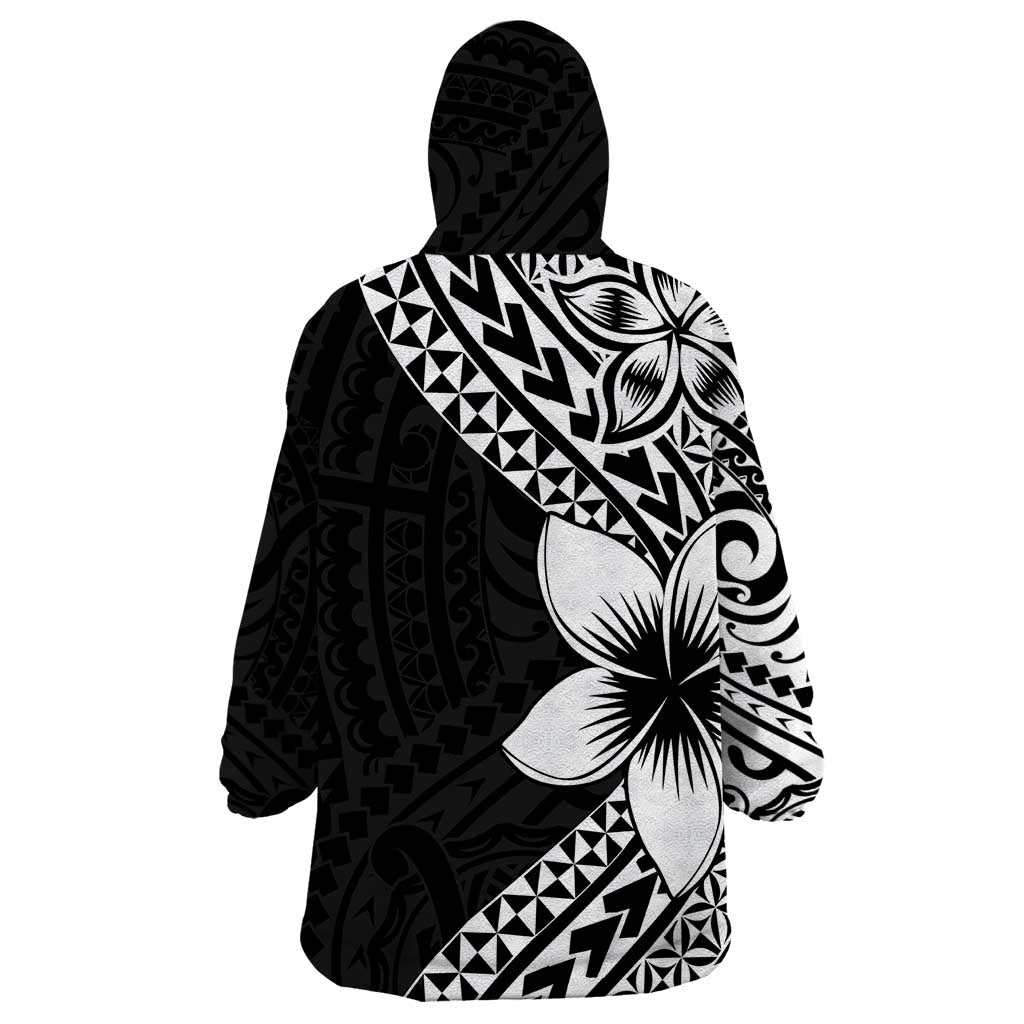 Lotu Tamaiti White Sunday Wearable Blanket Hoodie Pacific Plumeria Flowers - Black Version