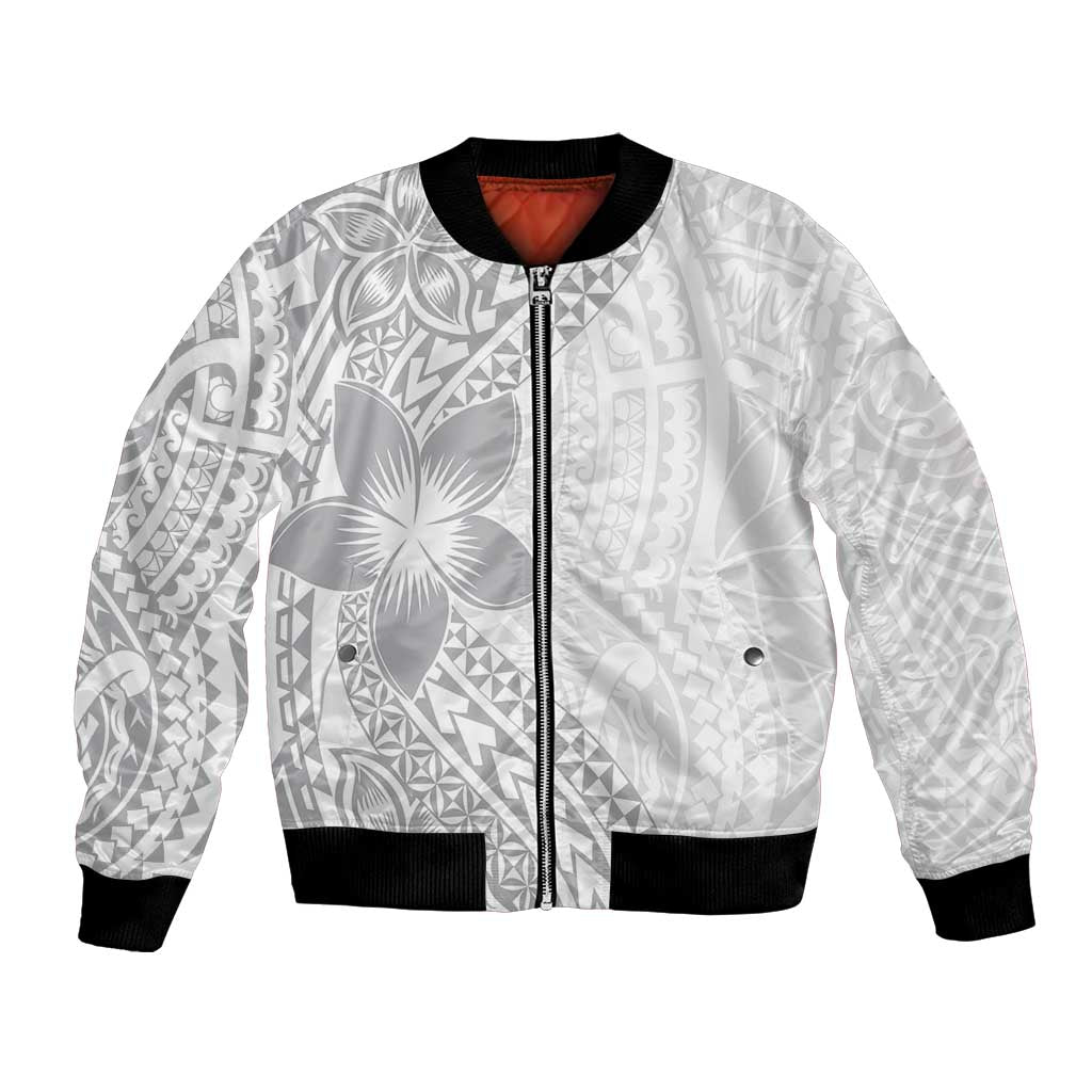 Lotu Tamaiti White Sunday Bomber Jacket Pacific Plumeria Flowers - White Version