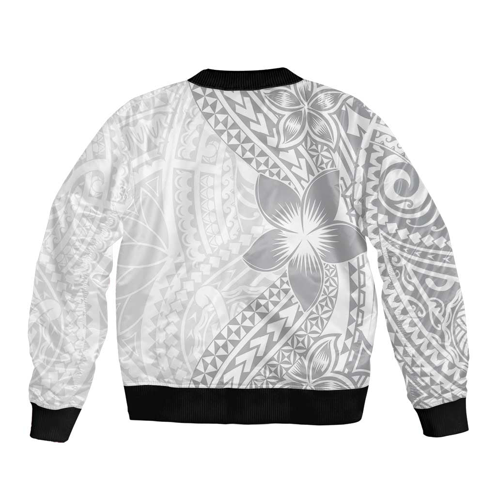 Lotu Tamaiti White Sunday Bomber Jacket Pacific Plumeria Flowers - White Version