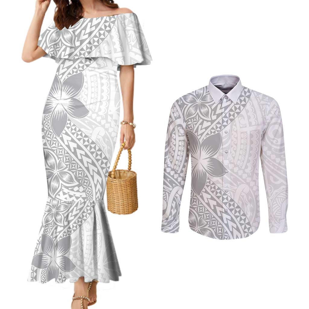 Lotu Tamaiti White Sunday Couples Matching Mermaid Dress and Long Sleeve Button Shirt Pacific Plumeria Flowers - White Version