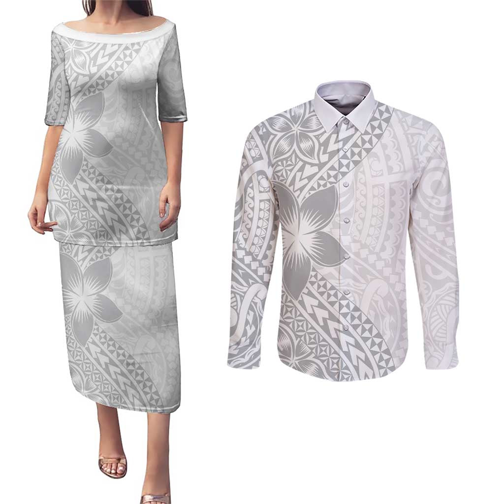 Lotu Tamaiti White Sunday Couples Matching Puletasi and Long Sleeve Button Shirt Pacific Plumeria Flowers - White Version