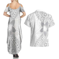 Lotu Tamaiti White Sunday Couples Matching Summer Maxi Dress and Hawaiian Shirt Pacific Plumeria Flowers - White Version
