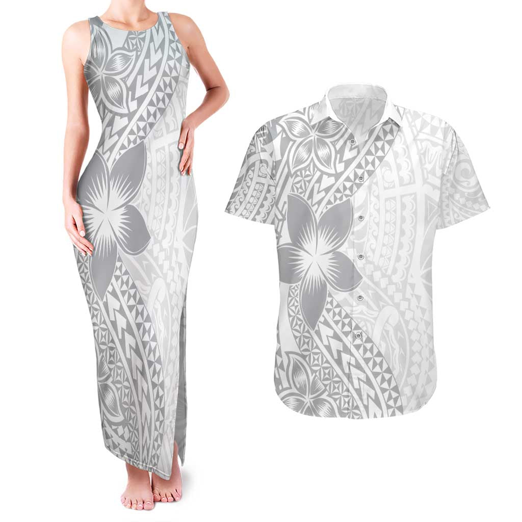 Lotu Tamaiti White Sunday Couples Matching Tank Maxi Dress and Hawaiian Shirt Pacific Plumeria Flowers - White Version