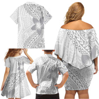 Lotu Tamaiti White Sunday Family Matching Off Shoulder Short Dress and Hawaiian Shirt Pacific Plumeria Flowers - White Version