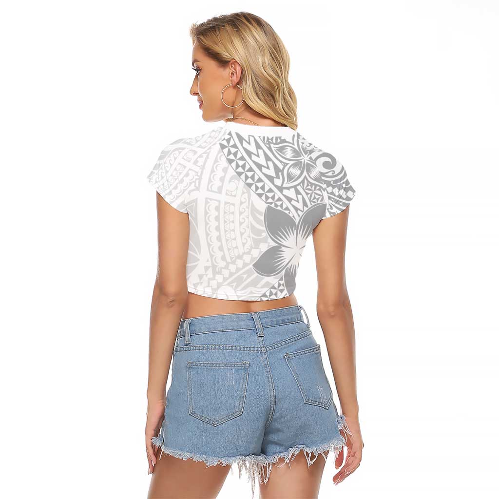 Lotu Tamaiti White Sunday Raglan Cropped T Shirt Pacific Plumeria Flowers - White Version