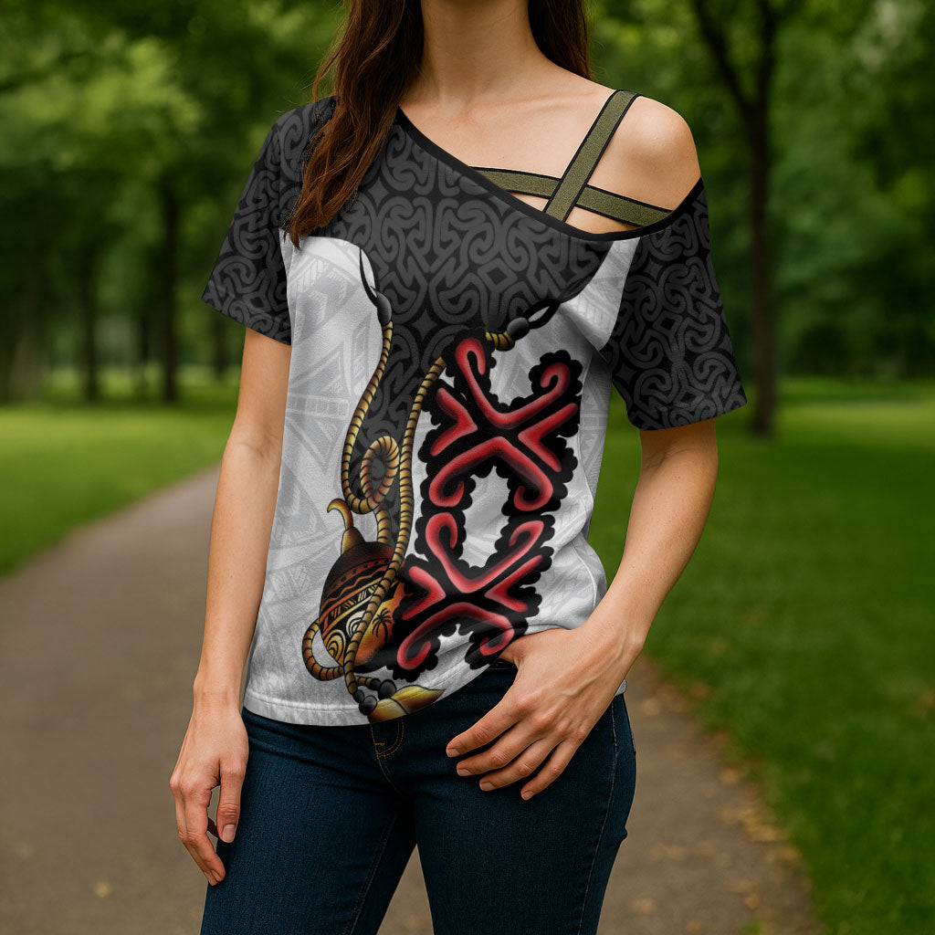 Personalised Papua New Guinea Oro Necklace Cross Shoulder Shirt Black Melanesia Traditional Pattern