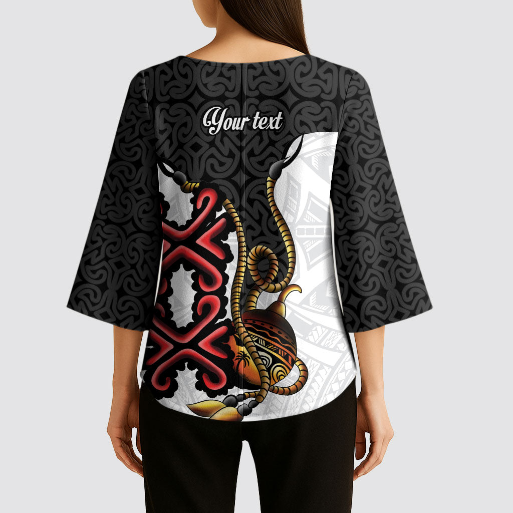 Personalised Papua New Guinea Oro Necklace Kimono Sleeve Blouse Black Melanesia Traditional Pattern