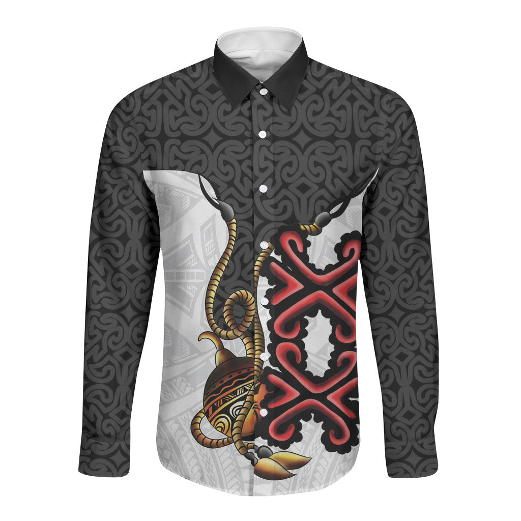 Personalised Papua New Guinea Oro Necklace Long Sleeve Button Shirt Black Melanesia Traditional Pattern LT9 Unisex Black - Polynesian Pride