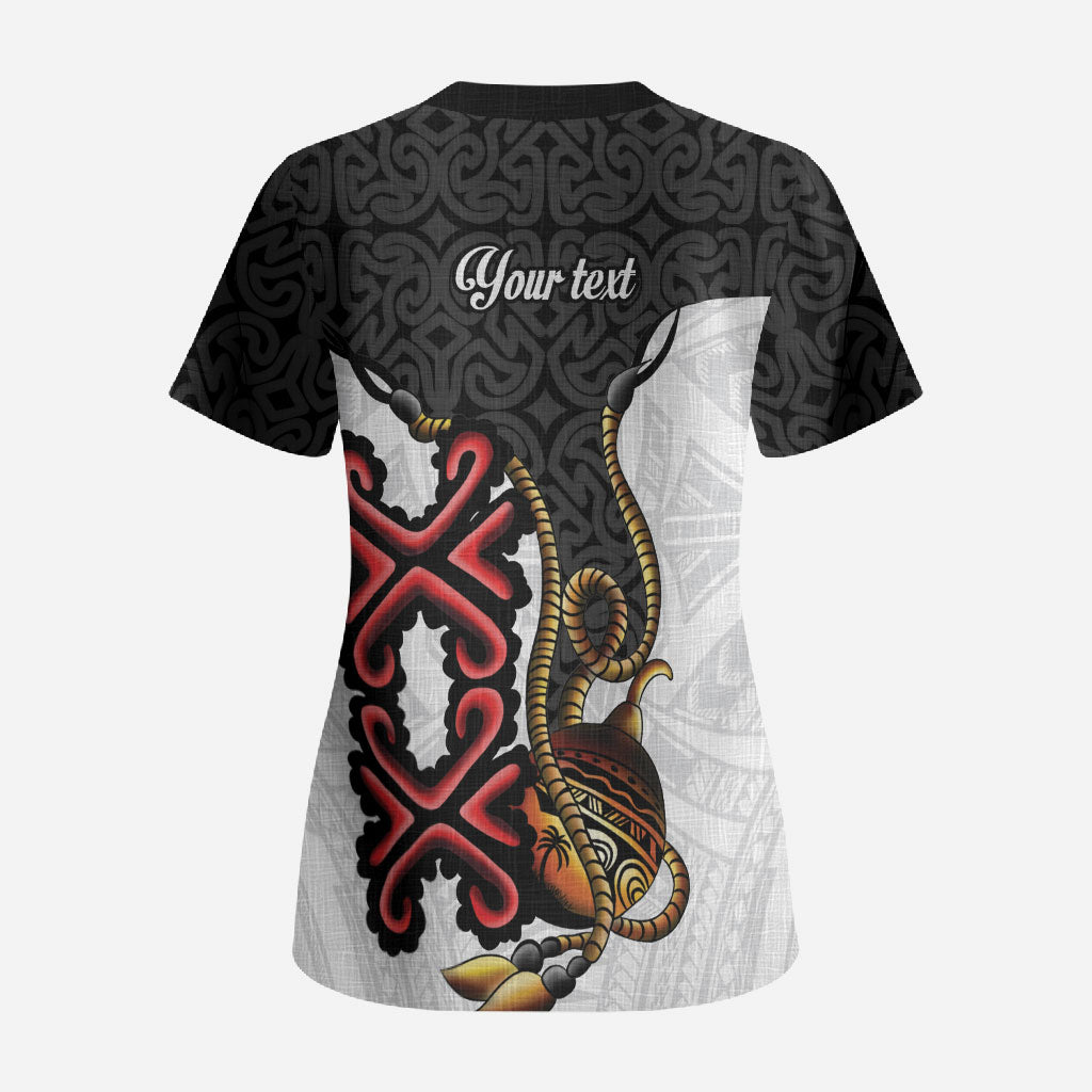 Personalised Papua New Guinea Oro Necklace Scrub Top Black Melanesia Traditional Pattern