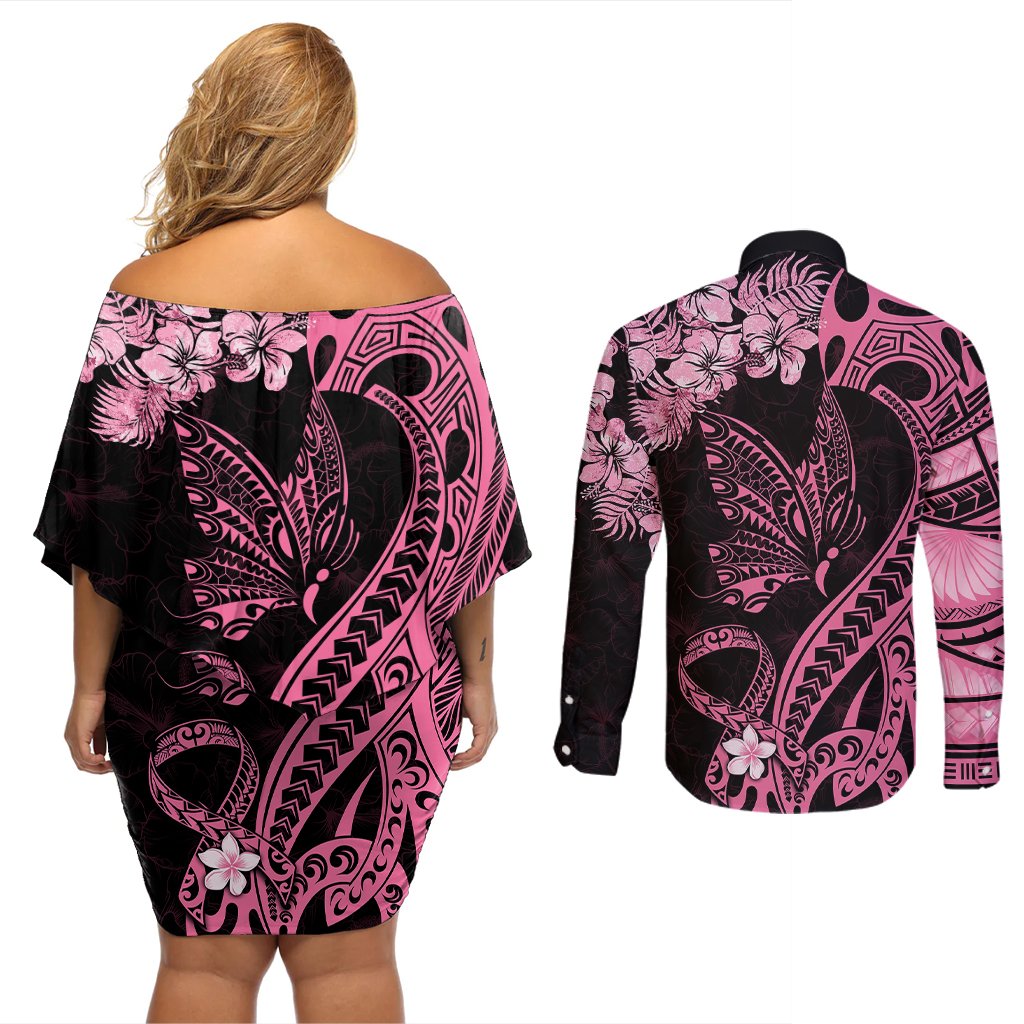 Polynesian Floral Butterfly Couples Matching Off Shoulder Short Dress and Long Sleeve Button Shirts Breast Cancer Pink Ribbon LT9 - Polynesian Pride