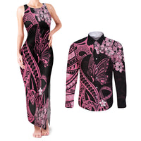 Polynesian Floral Butterfly Couples Matching Tank Maxi Dress and Long Sleeve Button Shirts Breast Cancer Pink Ribbon LT9 Pink - Polynesian Pride