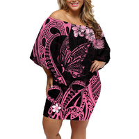 Polynesian Floral Butterfly Family Matching Off Shoulder Short Dress and Hawaiian Shirt Breast Cancer Pink Ribbon LT9 Mom's Dress Pink - Polynesian Pride