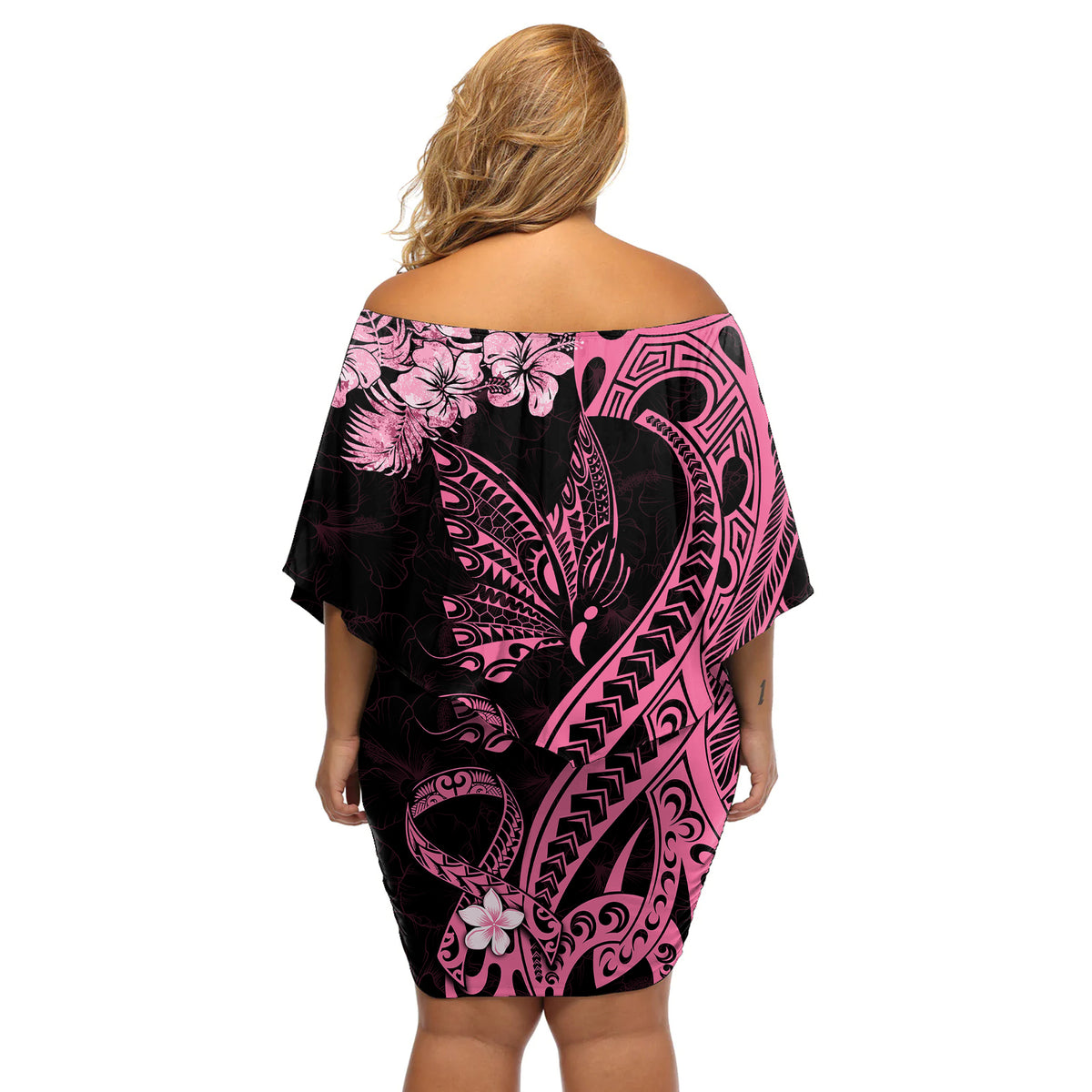 Polynesian Floral Butterfly Off Shoulder Short Dress Breast Cancer Pink Ribbon LT9 - Polynesian Pride