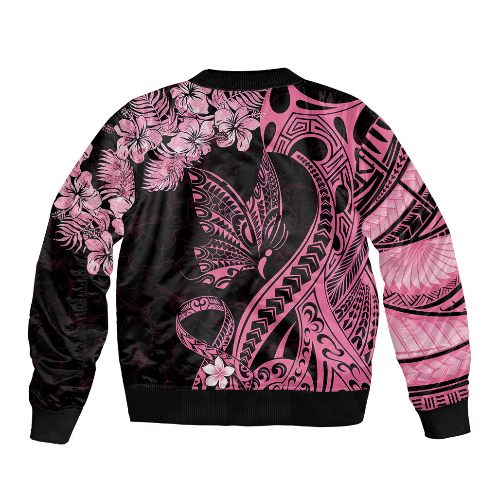 Polynesian Floral Butterfly Sleeve Zip Bomber Jacket Breast Cancer Pink Ribbon LT9 - Polynesian Pride