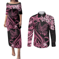 Personalised Polynesian Floral Butterfly Couples Matching Puletasi Dress and Long Sleeve Button Shirts Breast Cancer Pink Ribbon LT9 Pink - Polynesian Pride
