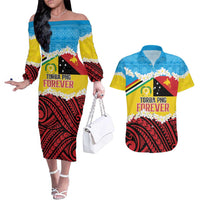 Personalised Torba PNG Forever Couples Matching Off The Shoulder Long Sleeve Dress and Hawaiian Shirt Polynesian Sand Art - Polynesian Pride