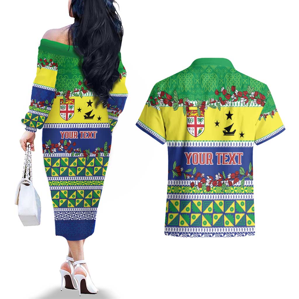 Personalised Malampa Fiji Forever Couples Matching Off The Shoulder Long Sleeve Dress and Hawaiian Shirt Tagimoucia Polynesian Sand Drawing - Polynesian Pride