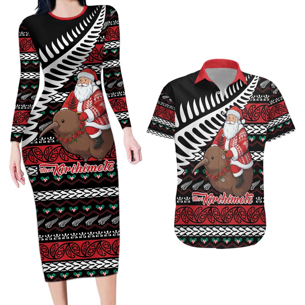 New Zealand Kiwi Santa Christmas Couples Matching Long Sleeve Bodycon Dress and Hawaiian Shirt He Wairua Kirihimete - Polynesian Pride