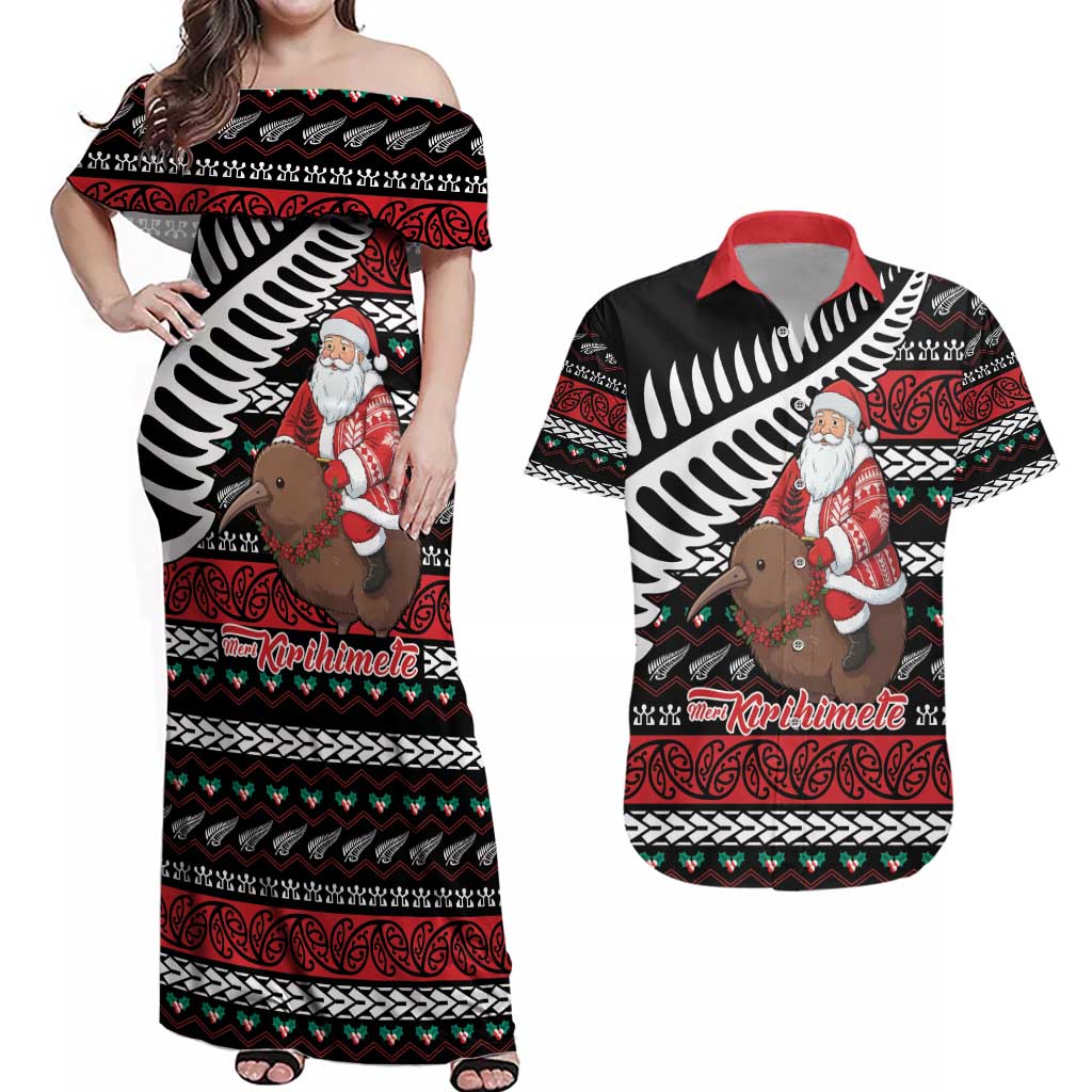New Zealand Kiwi Santa Christmas Couples Matching Off Shoulder Maxi Dress and Hawaiian Shirt He Wairua Kirihimete - Polynesian Pride