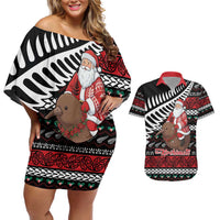 New Zealand Kiwi Santa Christmas Couples Matching Off Shoulder Short Dress and Hawaiian Shirt He Wairua Kirihimete - Polynesian Pride