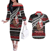 New Zealand Kiwi Santa Christmas Couples Matching Off The Shoulder Long Sleeve Dress and Hawaiian Shirt He Wairua Kirihimete - Polynesian Pride